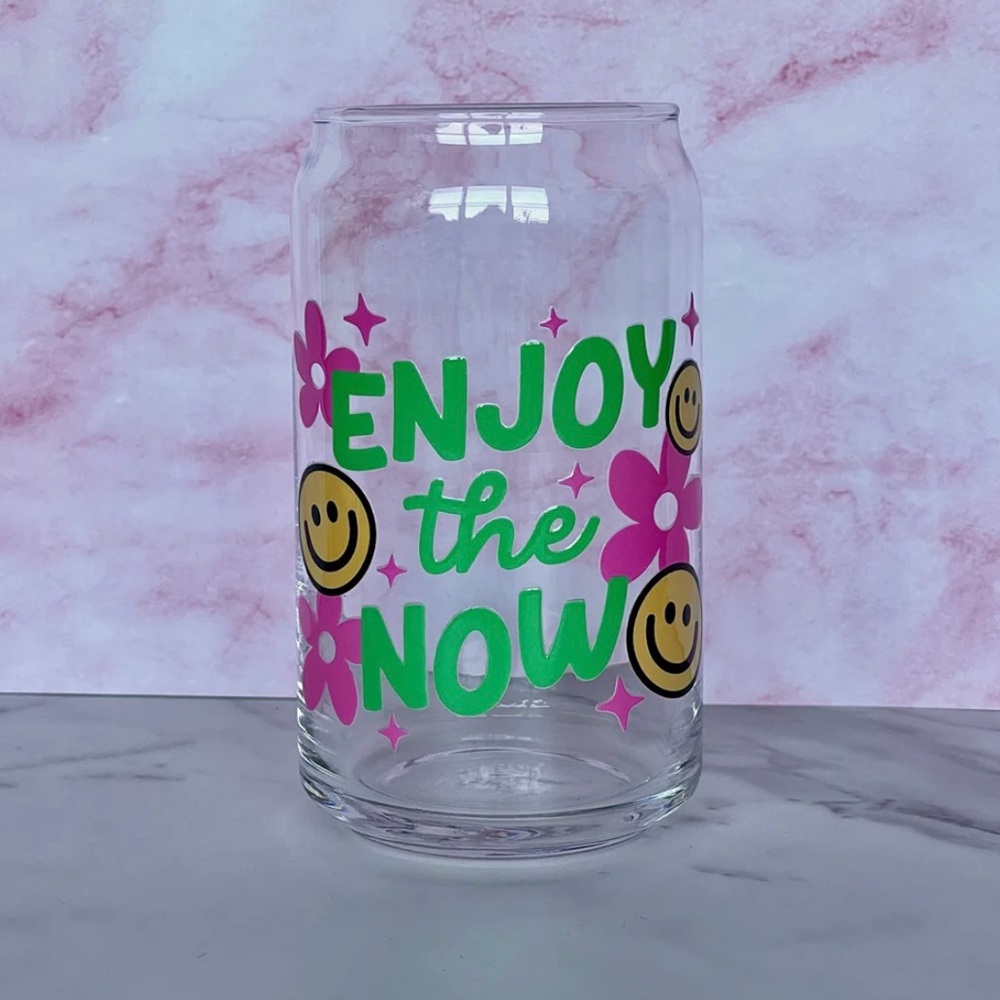 Floral Smiley 16oz Glass Cup